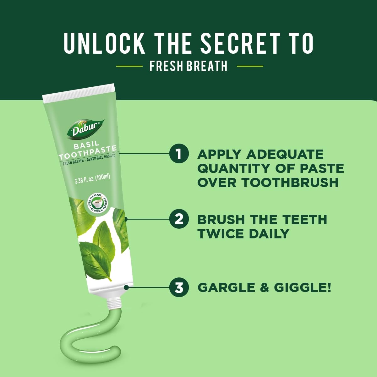 Dabur dentifrice à base de plantes basilic, rafraîchissement durable après chaque brossage.