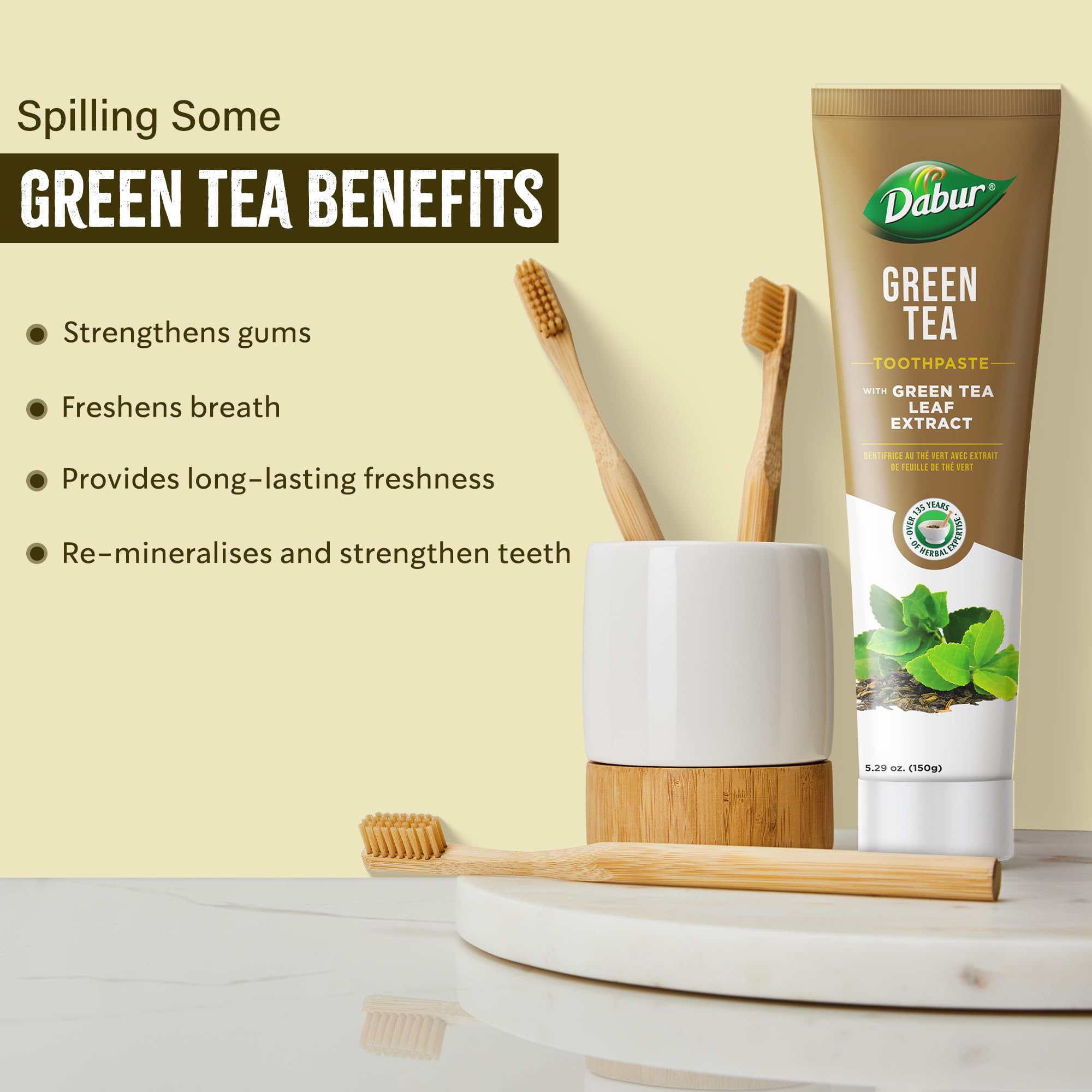 pâte dabur formule douce, adaptée aux gencives sensibles et au brossage agréable.