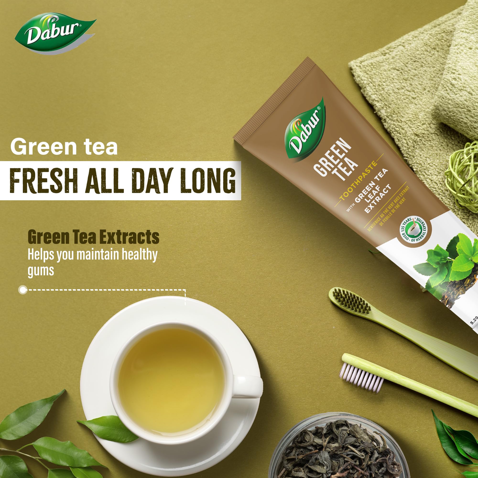 pâte dabur thé vert, parfum menthe, pour une haleine fraîche tout au long de la journée.