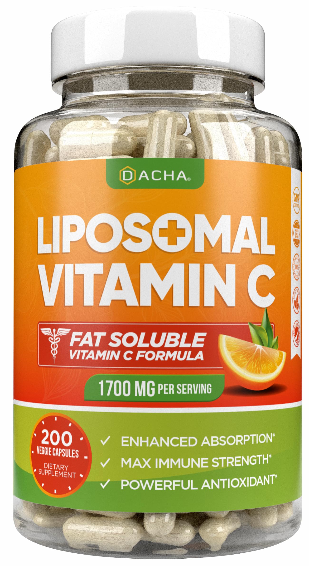 DACHA vitamine C liposomale en bouteille — absorption potentielle élevée.