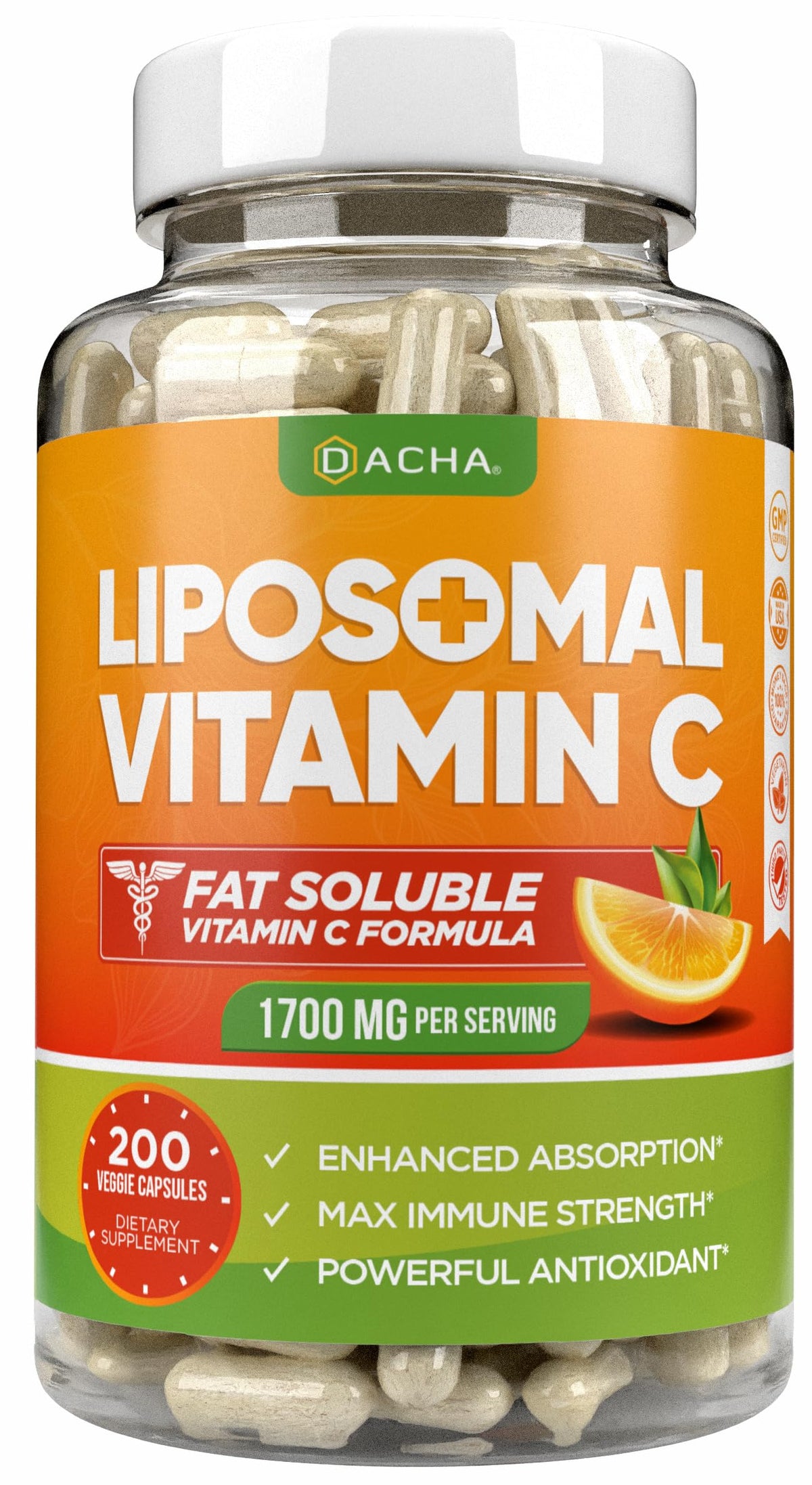 DACHA vitamine C liposomale en bouteille — absorption potentielle élevée.