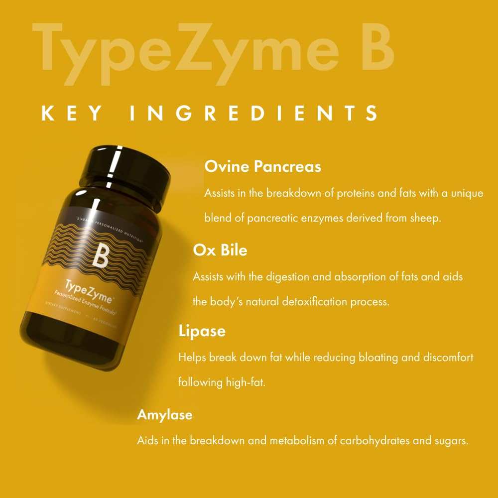D'Adamo TypeZyme: emballage et étiquette clairs, aide au choix du complément digestif.