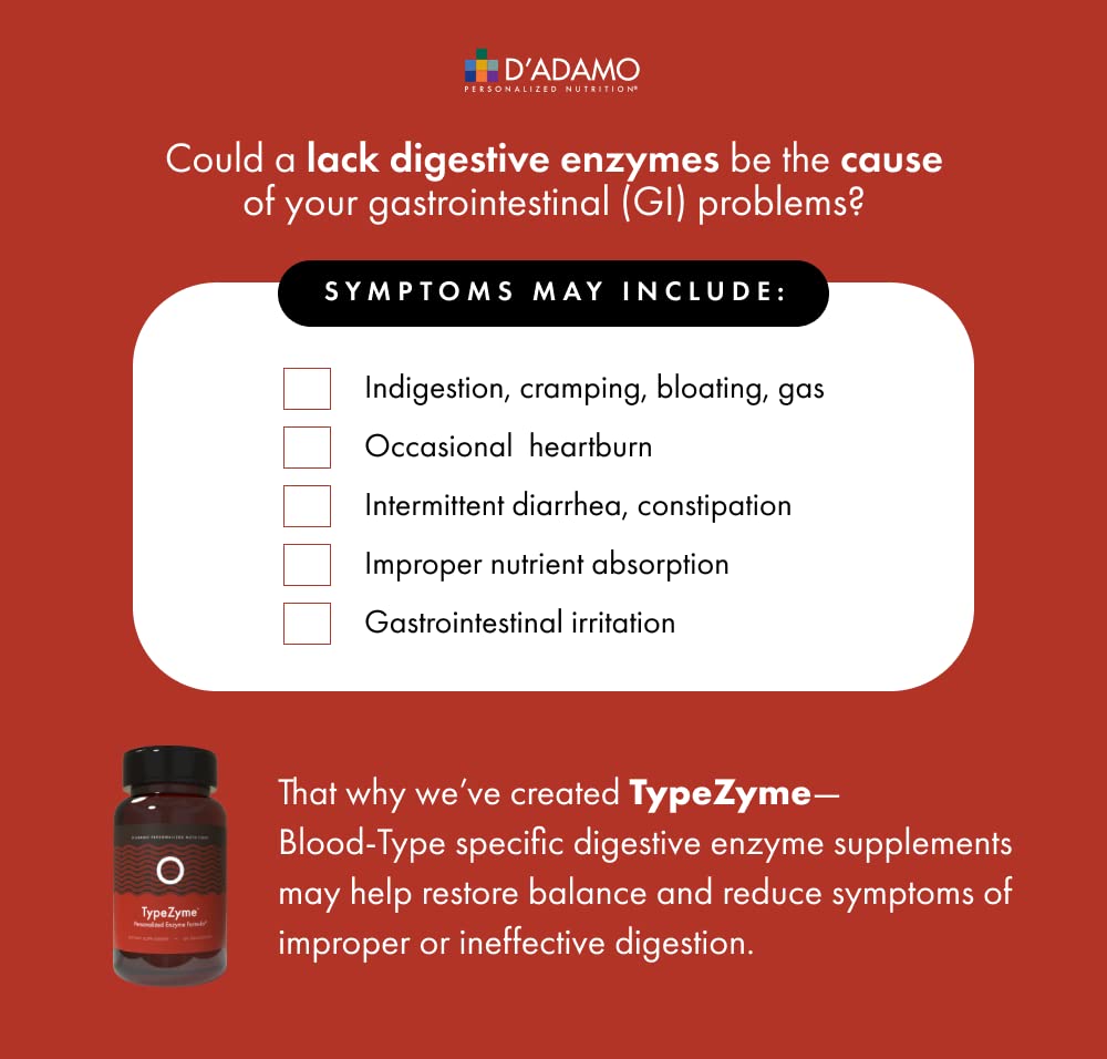 D'Adamo TypeZyme, étiquette en gros plan, met en valeur l'absorption et l'énergie.