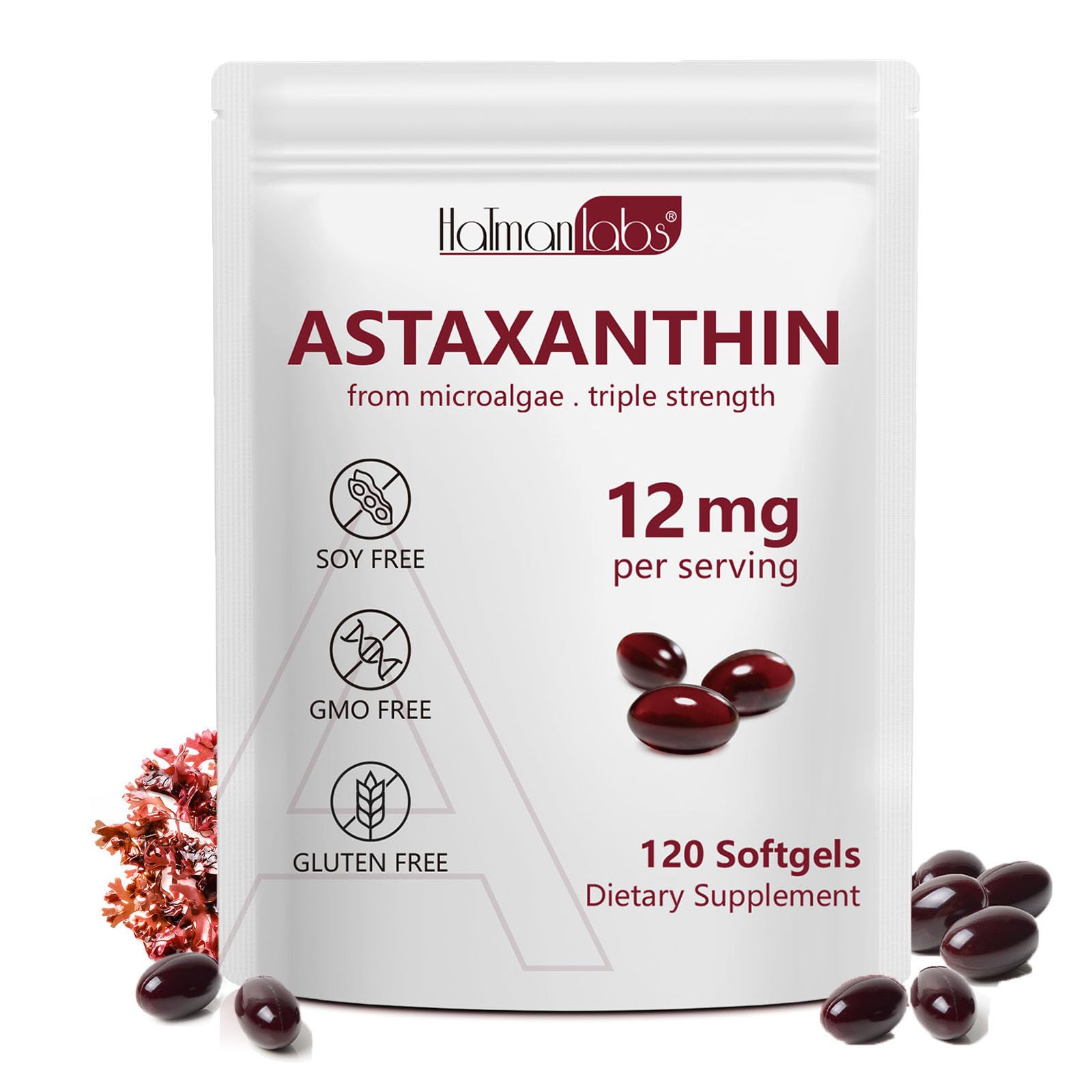Gélules Daiasns Astaxanthine 12 mg dans une bouteille, soutien antioxydant quotidien.