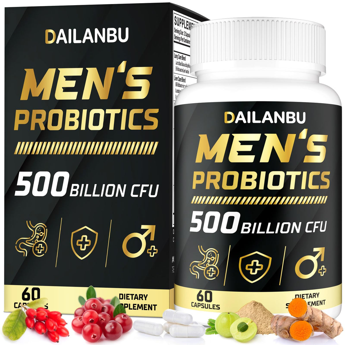 Dailanbu Probiotiques pour homme – bouteille 500 milliards, soutien digestion et immunité.