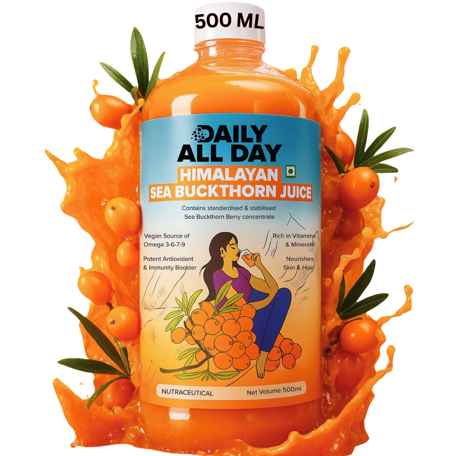 Daily All Day argousier bouteille 500ml, utilisation quotidienne et peau éclatante.
