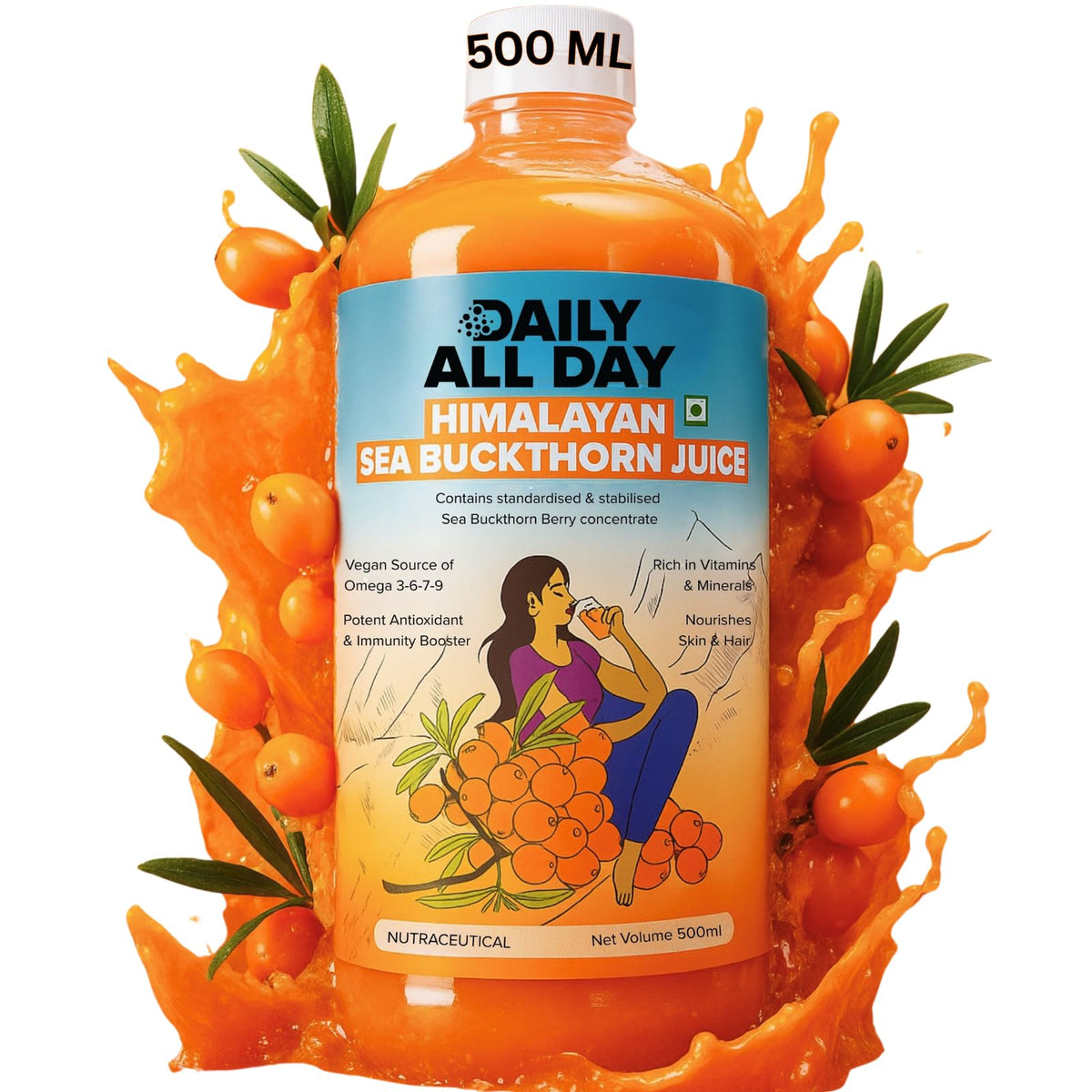 Daily All Day argousier bouteille 500ml, utilisation quotidienne et peau éclatante.