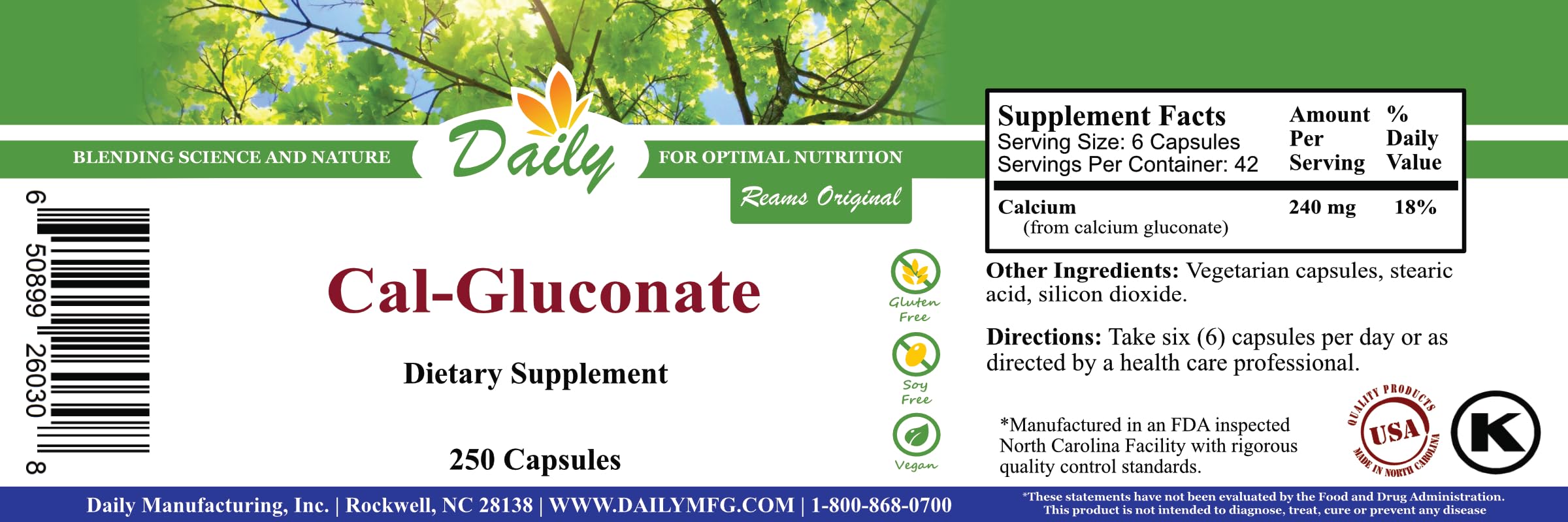 Daily Manufacturing Calcium Gluconate – étiquette lisible, certifié kasher, sans gluten, sans soja, végan.