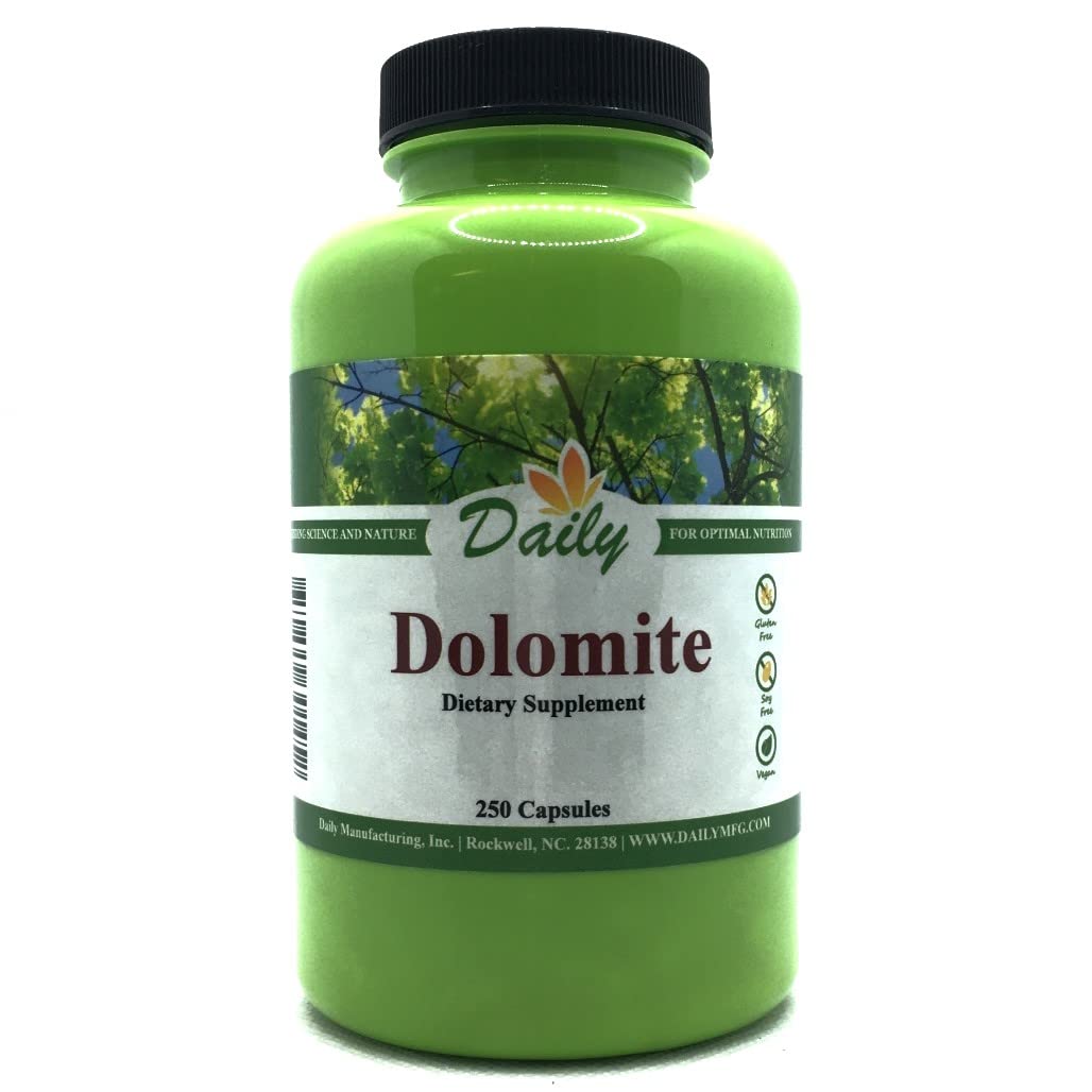 Daily Manufacturing Dolomite : bouteille verte et étiquette affichant calcium et magnésium