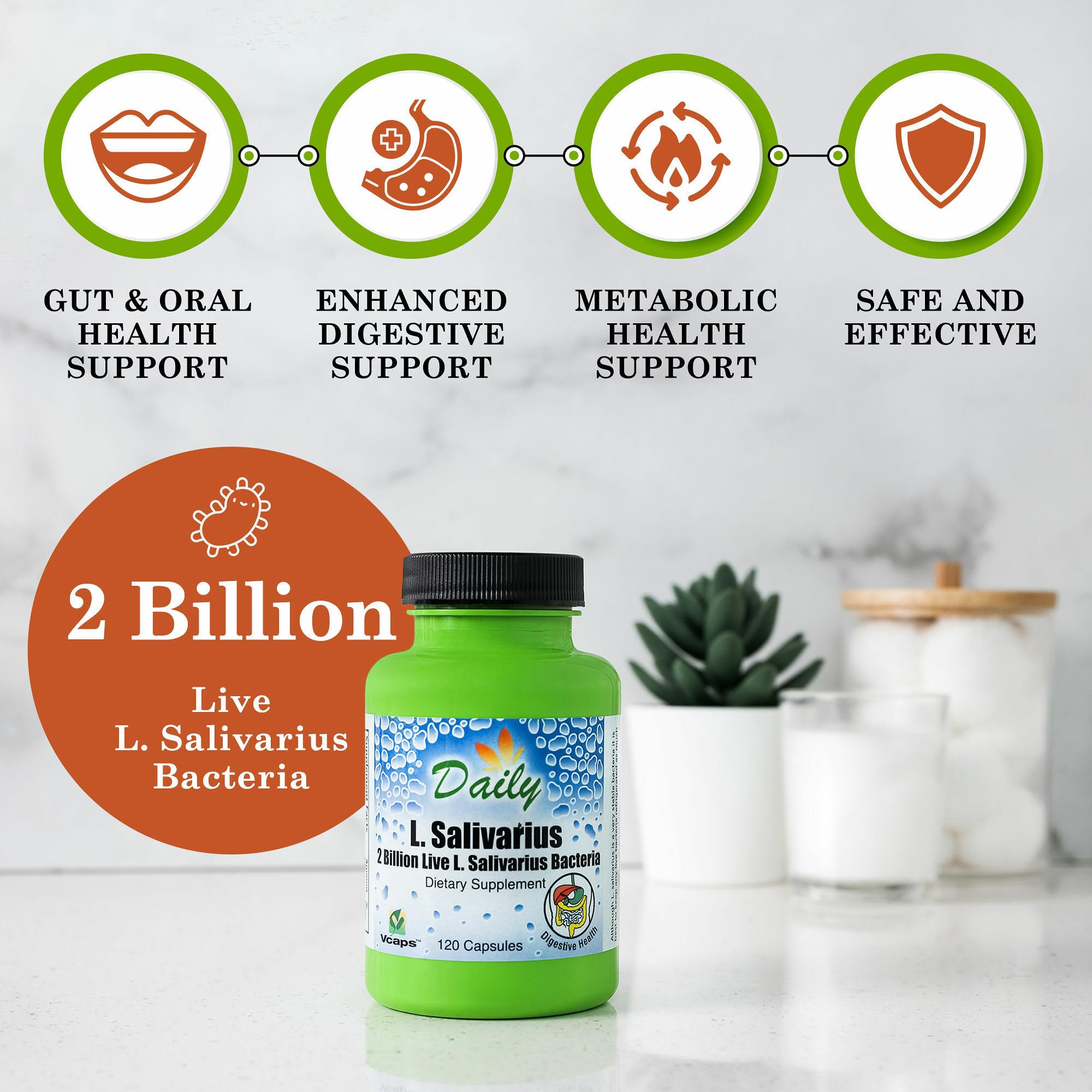 Capsules L-Salivarius de Daily Manufacturing fournissant 2 milliards de bactéries vivantes.