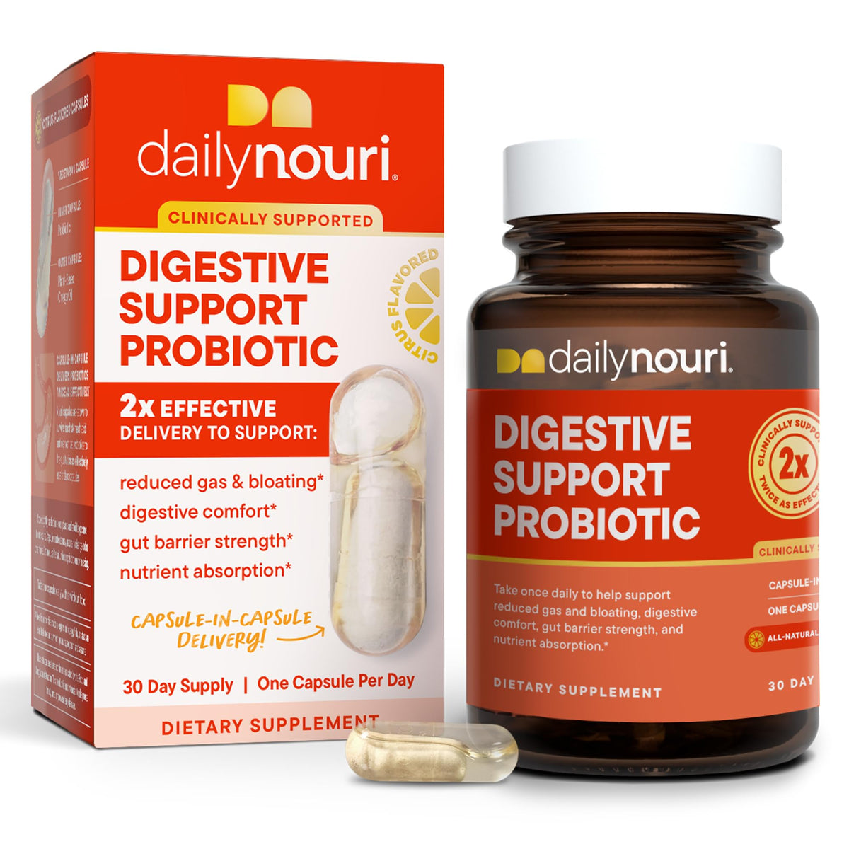 Daily Nouri bouteille soutien digestion avec probiotiques pour le quotidien.