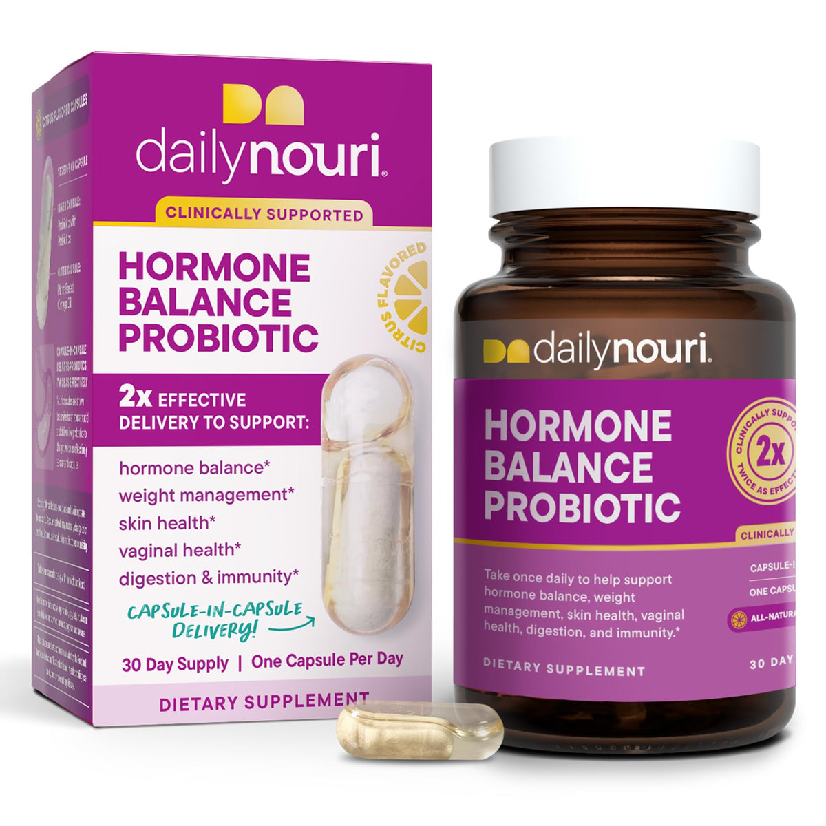 Daily Nouri Hormone Balance Probiotics – bouteille et capsules, soutien hormonal potentiel