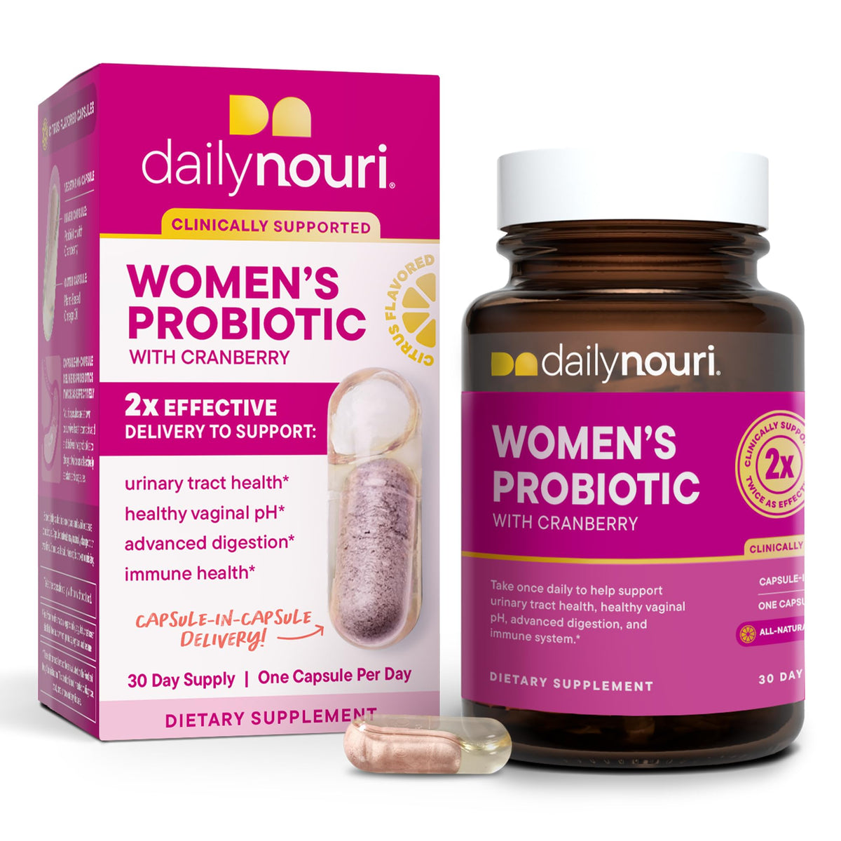Daily Nouri bouteille probiotiques pour femmes, soutien vaginal et urinaire.