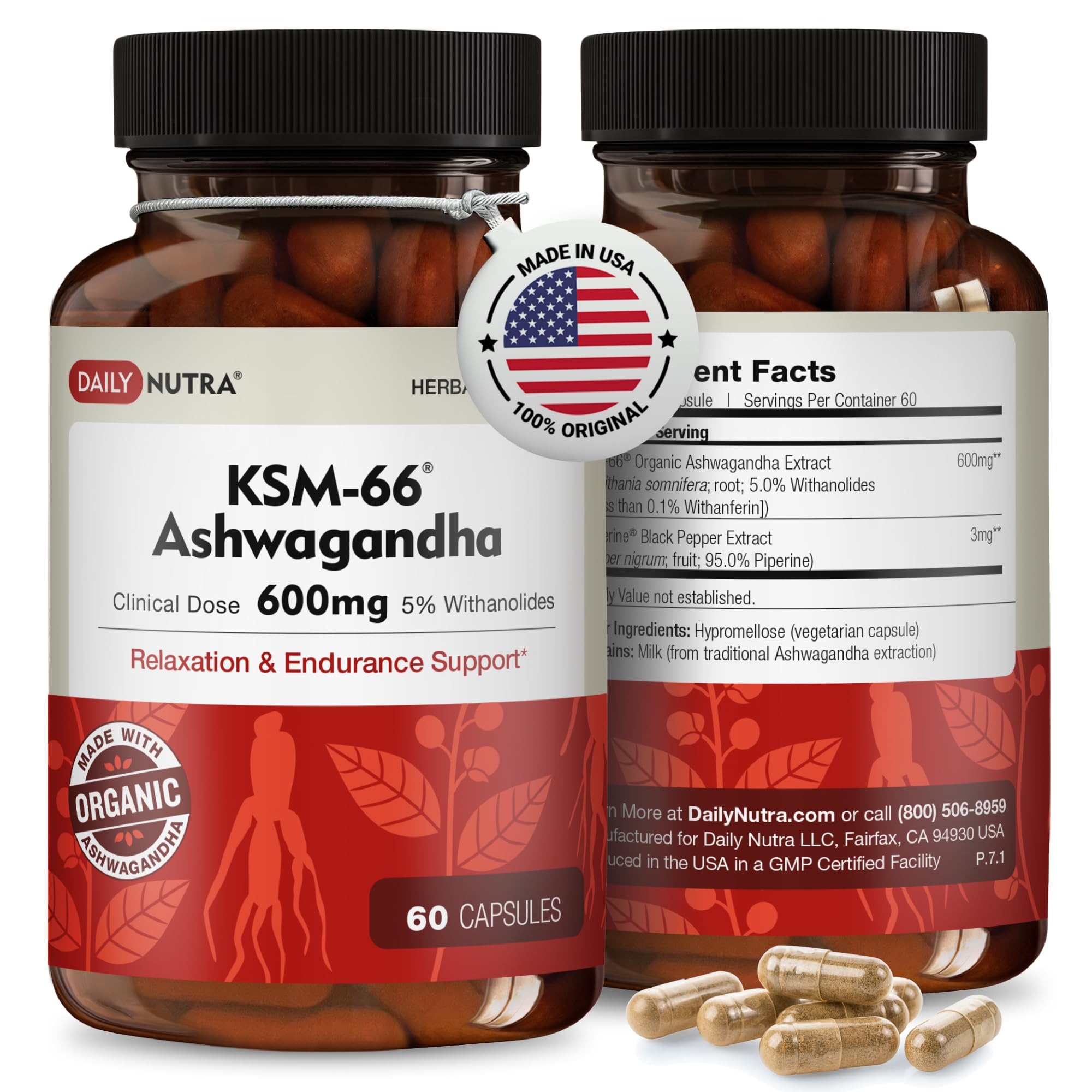 DailyNutra KSM-66 Ashwagandha: bouteille et capsules, soutien relaxation et énergie.