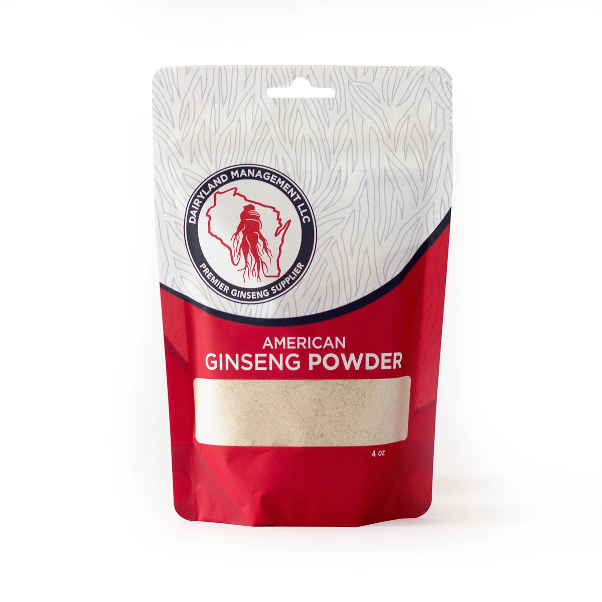 Poudre ginseng américain Dairyland, sachet de 4 oz, idéale pour smoothies.