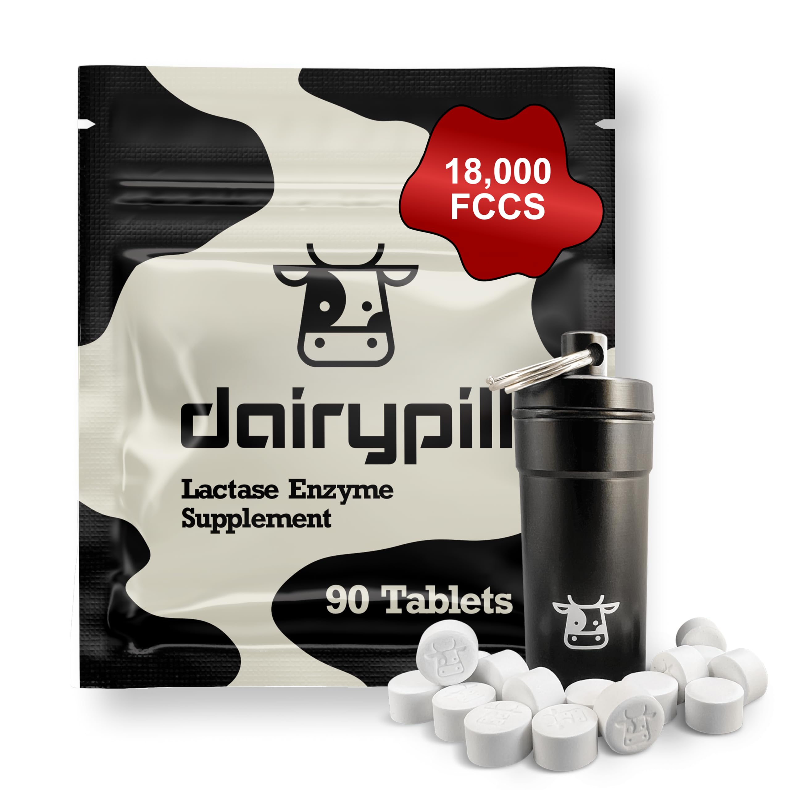 Pilule lactase DairyPill 18000 FCC pour digérer les produits laitiers.