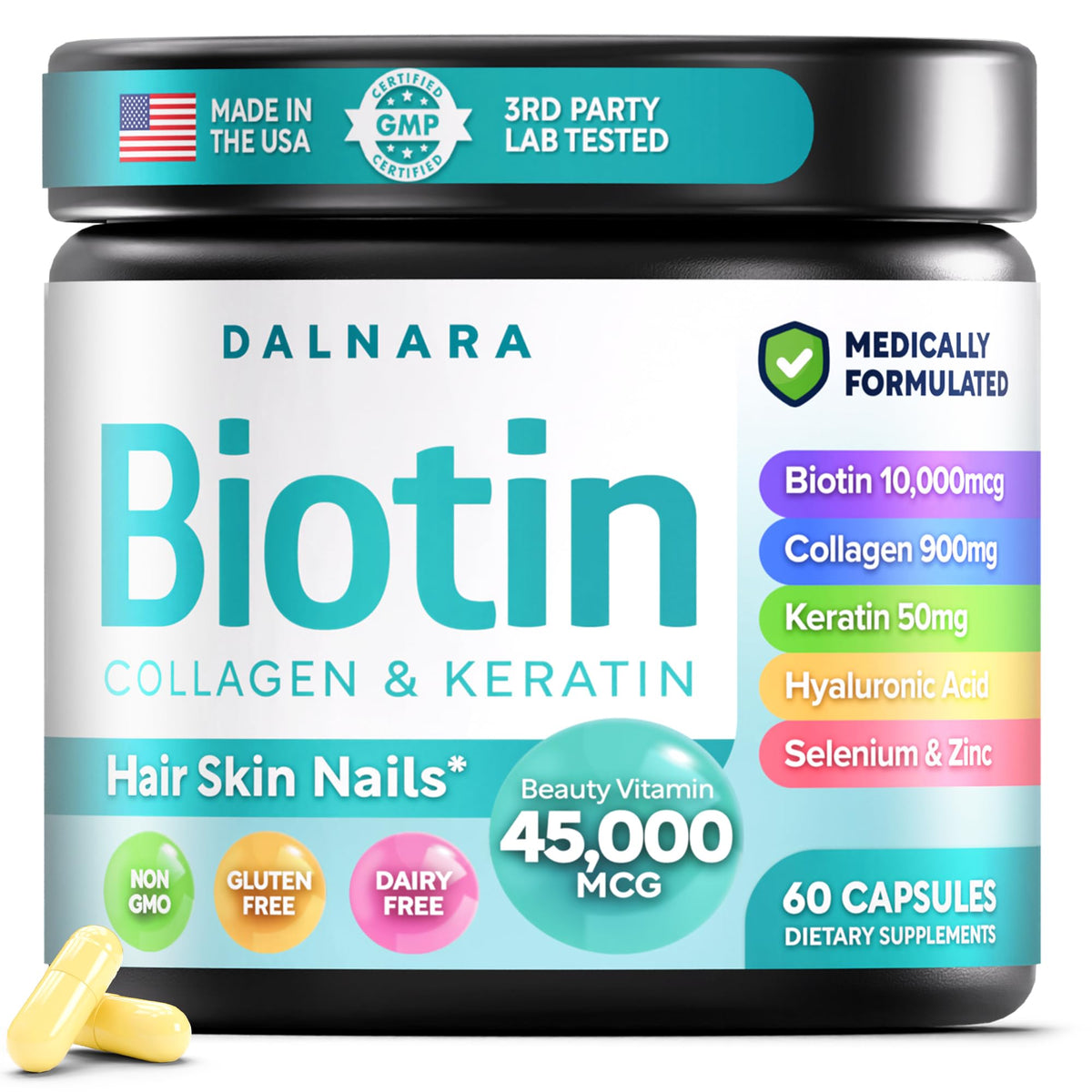 Dalnara Biotine – bouteille montrant la formule pour cheveux plus forts.