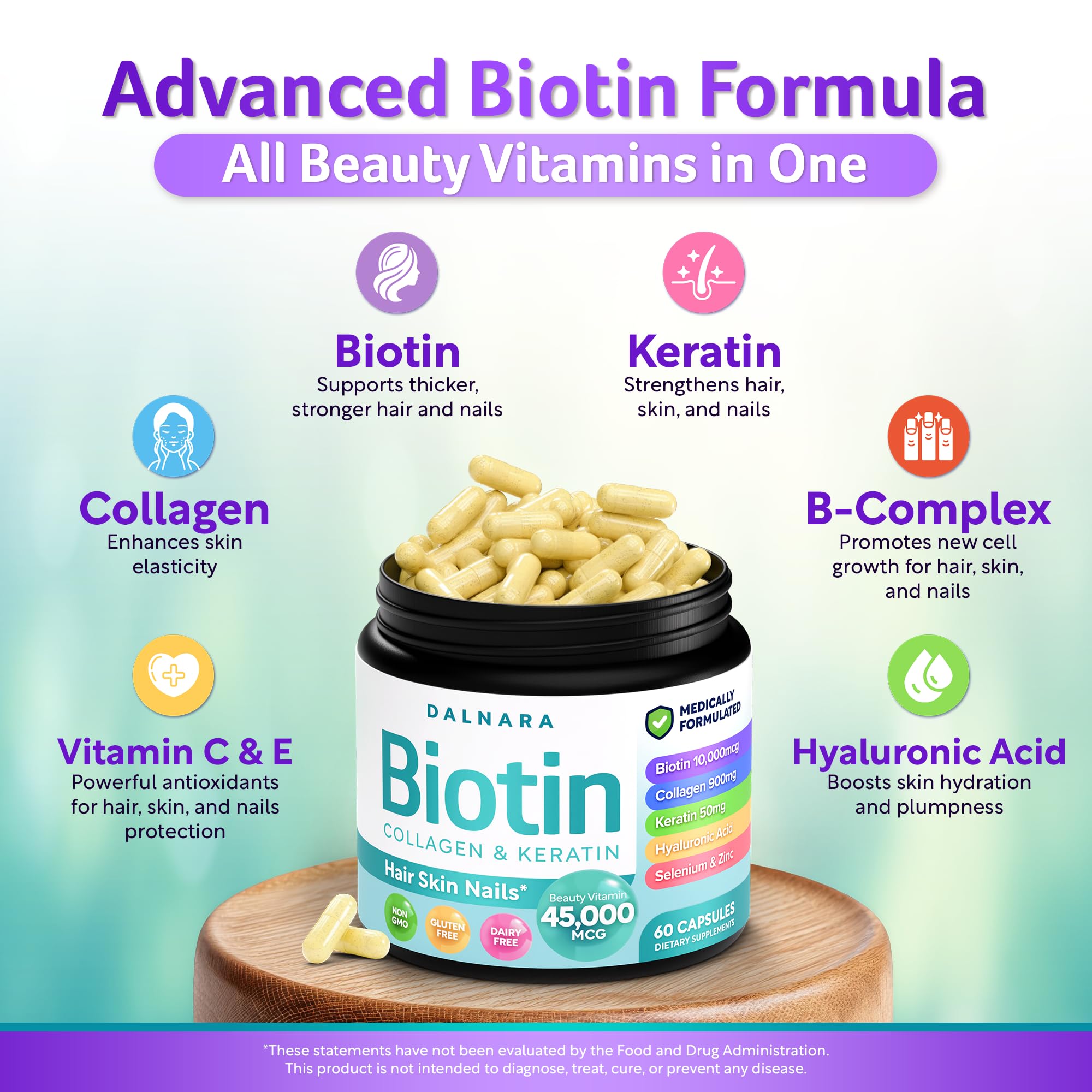 Dalnara Biotine – gélules visibles, soutien potentiel des ongles et cheveux.
