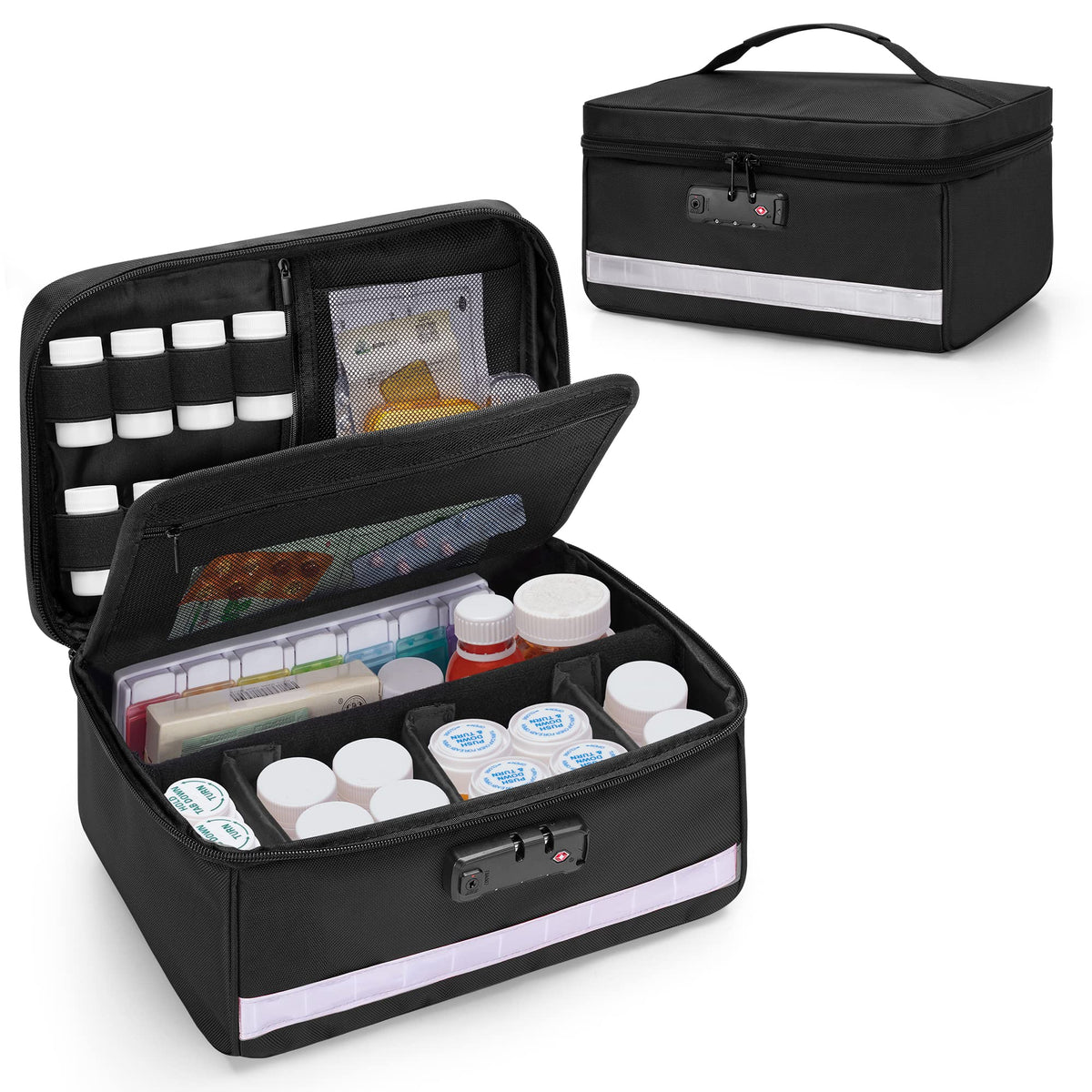 Damero organisateur verrouillable pour bouteilles de médicaments, accès sécurisé pratique en voyage.