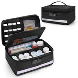 Damero organisateur verrouillable pour bouteilles de médicaments, accès sécurisé pratique en voyage.