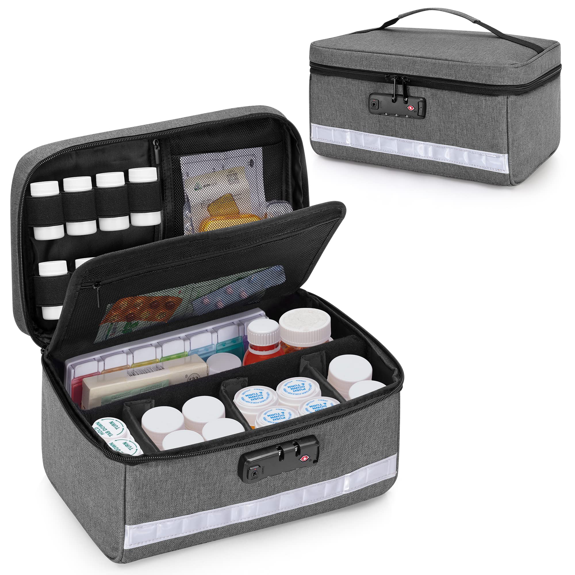 Damero Organisateur verrouillable de bouteilles et pilules pour sécurité en déplacement.