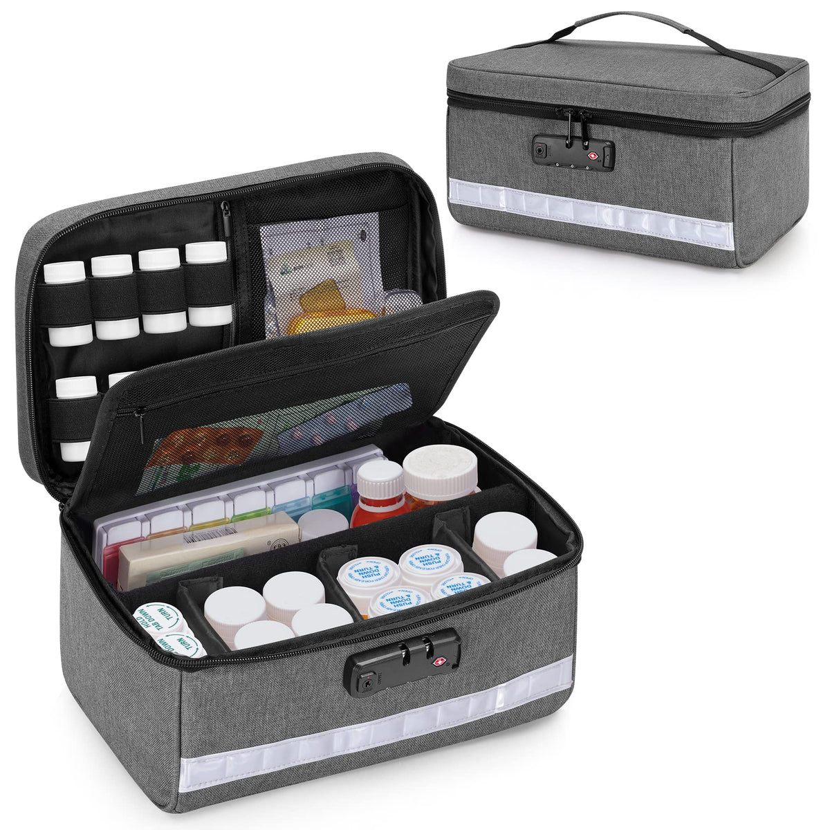 Damero Organisateur verrouillable de bouteilles et pilules pour sécurité en déplacement.