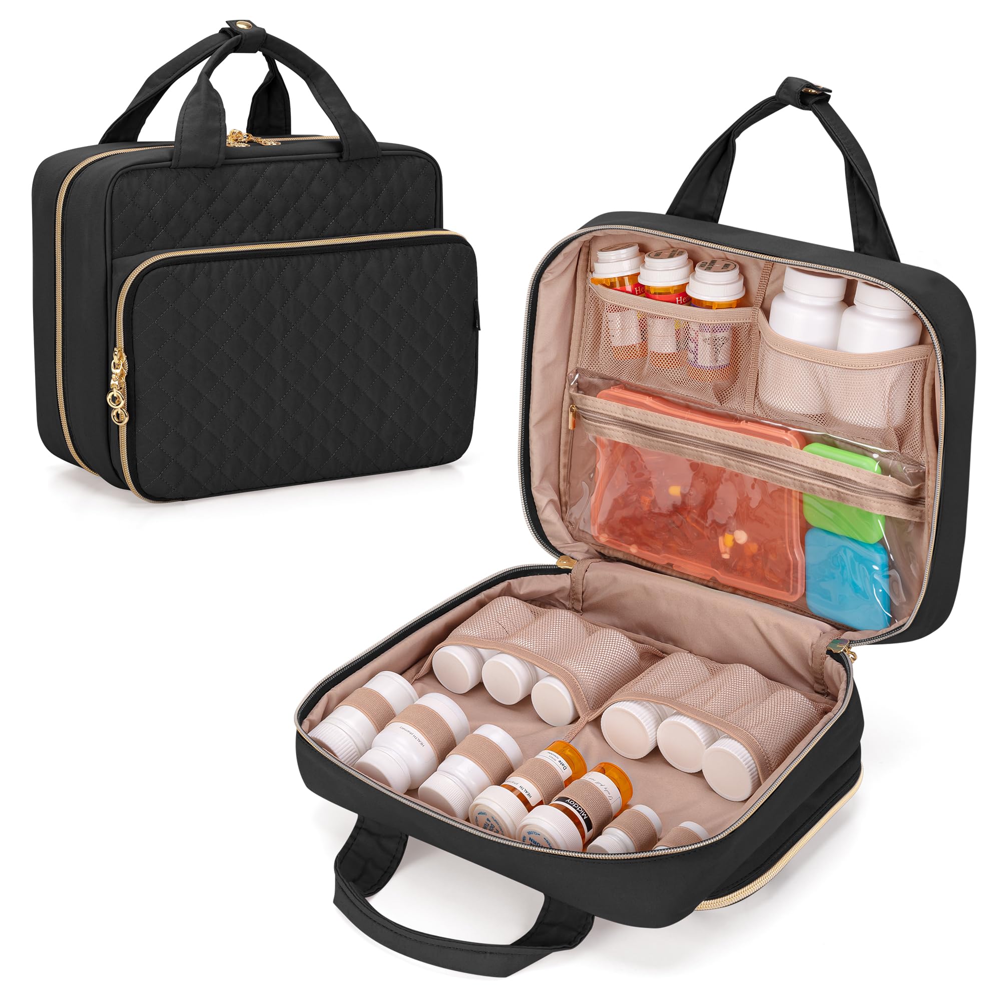Damero organiseur-bouteilles-pilules, pratique en voyage et à domicile.