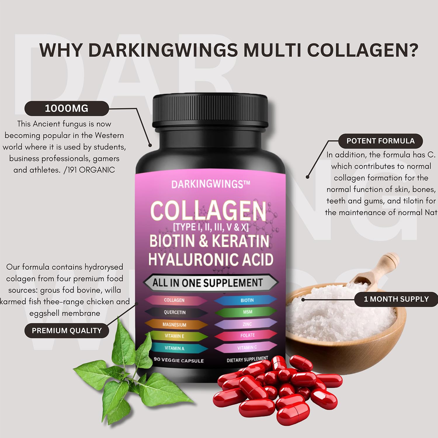 Darkingwings – vitamines C, E, zinc et magnésium pour une nutrition capillaire et cutanée.