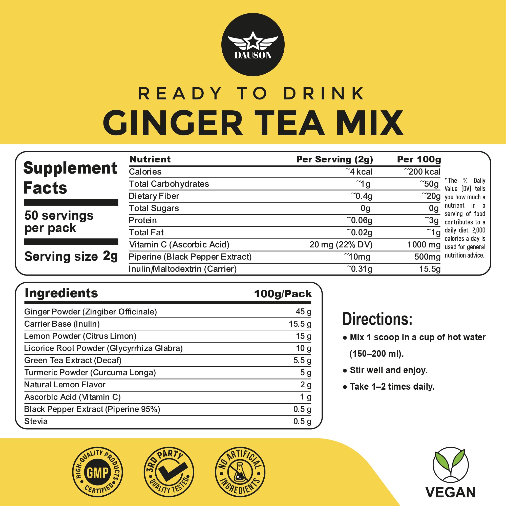 DAUSON Ginger Turmeric Mix tasse-chaleur: infusion chaude prête pour une pause détente.