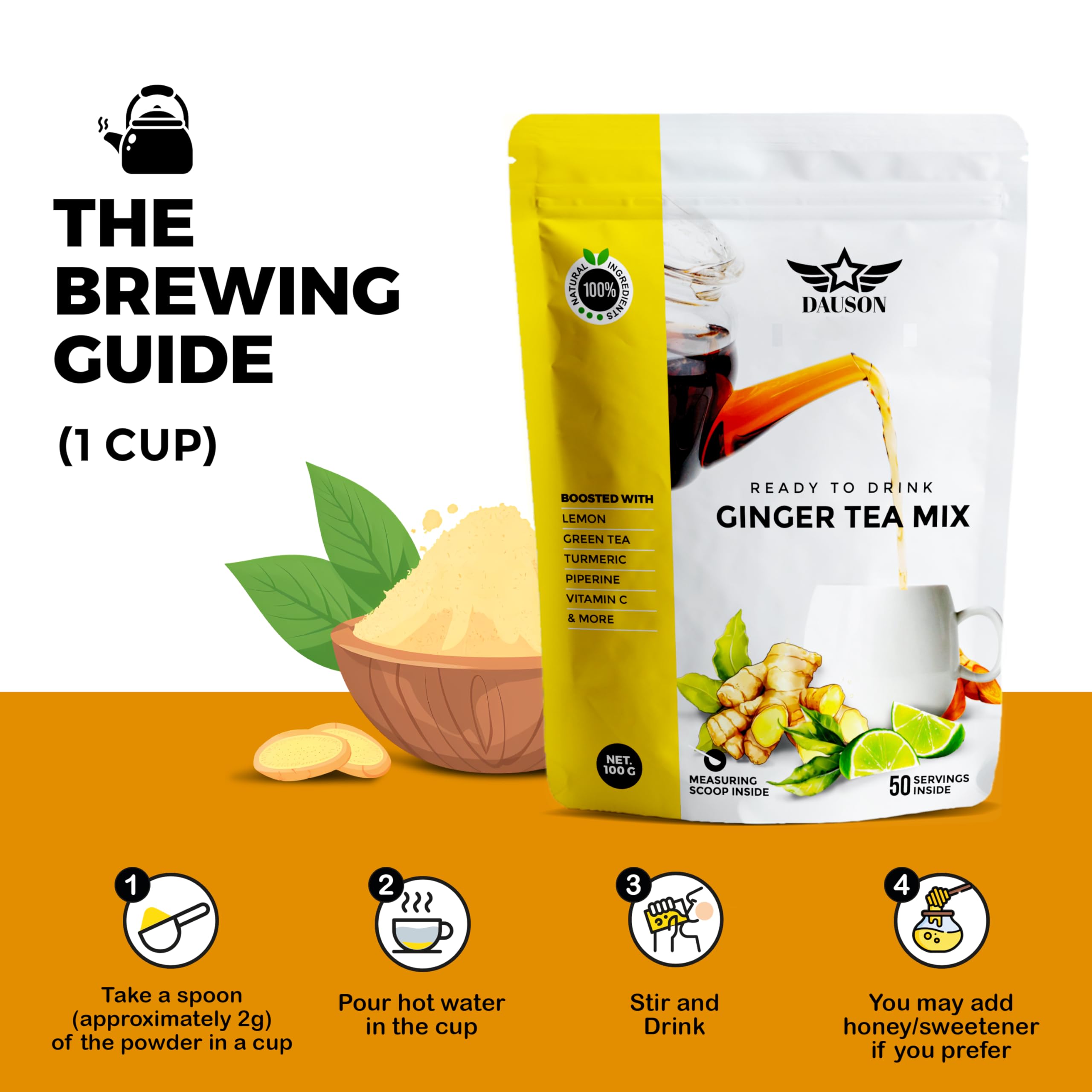 DAUSON Ginger Turmeric Mix tasse: infusion aromatique, douce et apaisante.