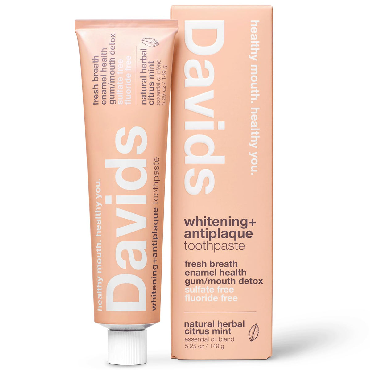 Davids dentifrice sans fluor, tube visible et emballage recyclable sur le comptoir.