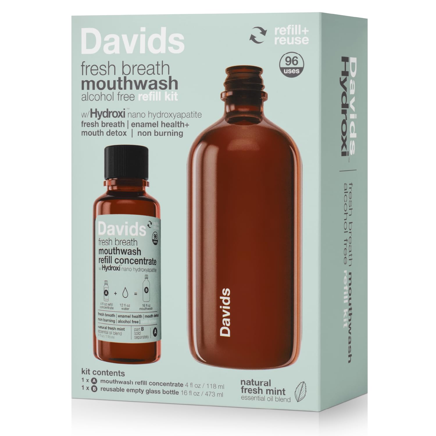 Davids Hydroxi: bouteille en verre réutilisable pour une routine bucco-dentaire durable.
