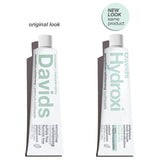 Étiquette Davids Hydroxi sans fluor indique une alternative douce pour l’hygiène bucco-dentaire.