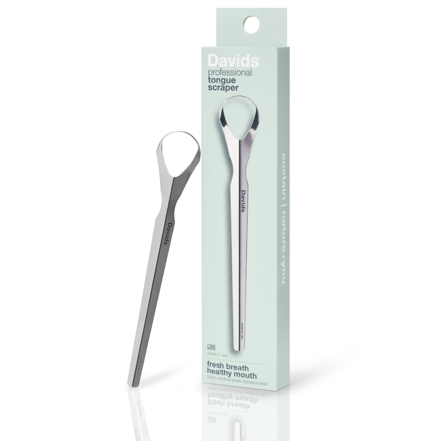 Racloir Davids en acier inoxydable professionnel, haleine plus fraîche après usage.
