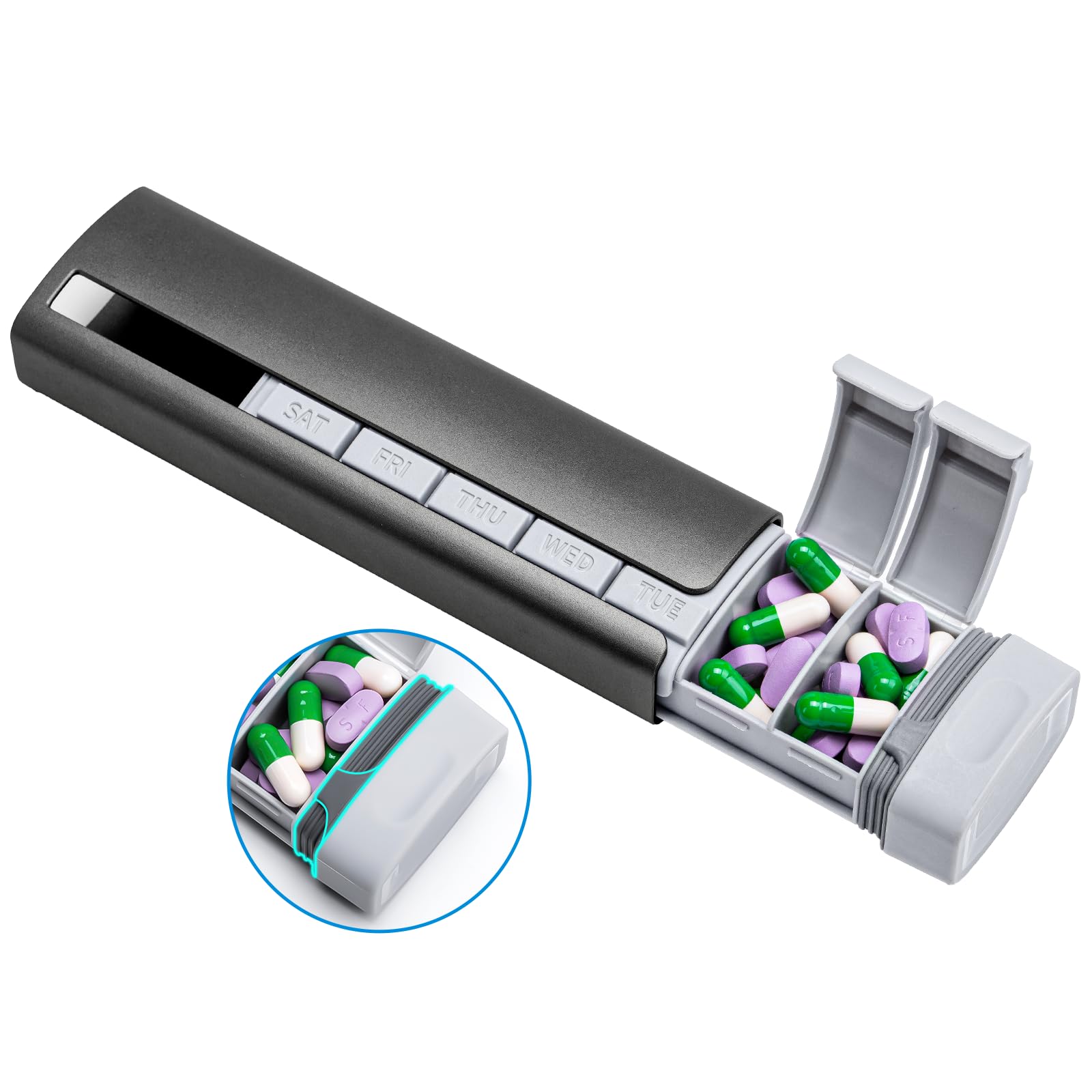 Daviky pilulier de voyage en aluminium gris, pratique pour les 7 jours.