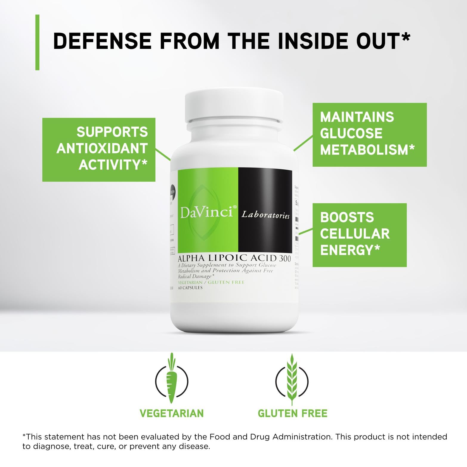 Étiquette DAVINCI Acide alpha-lipoïque 300 lisible, pureté et sans gluten.
