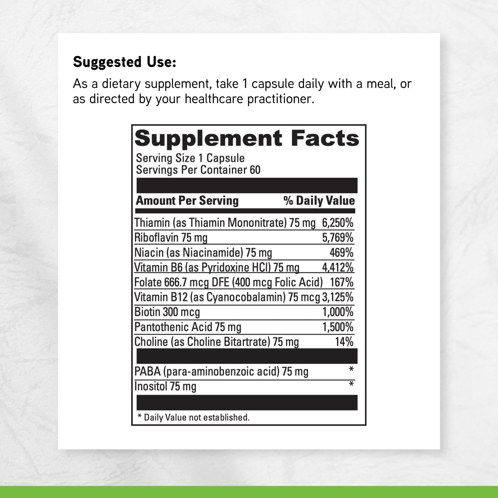 DAVINCI B Complex-75: fiche nutritionnelle lisible sur l'emballage.