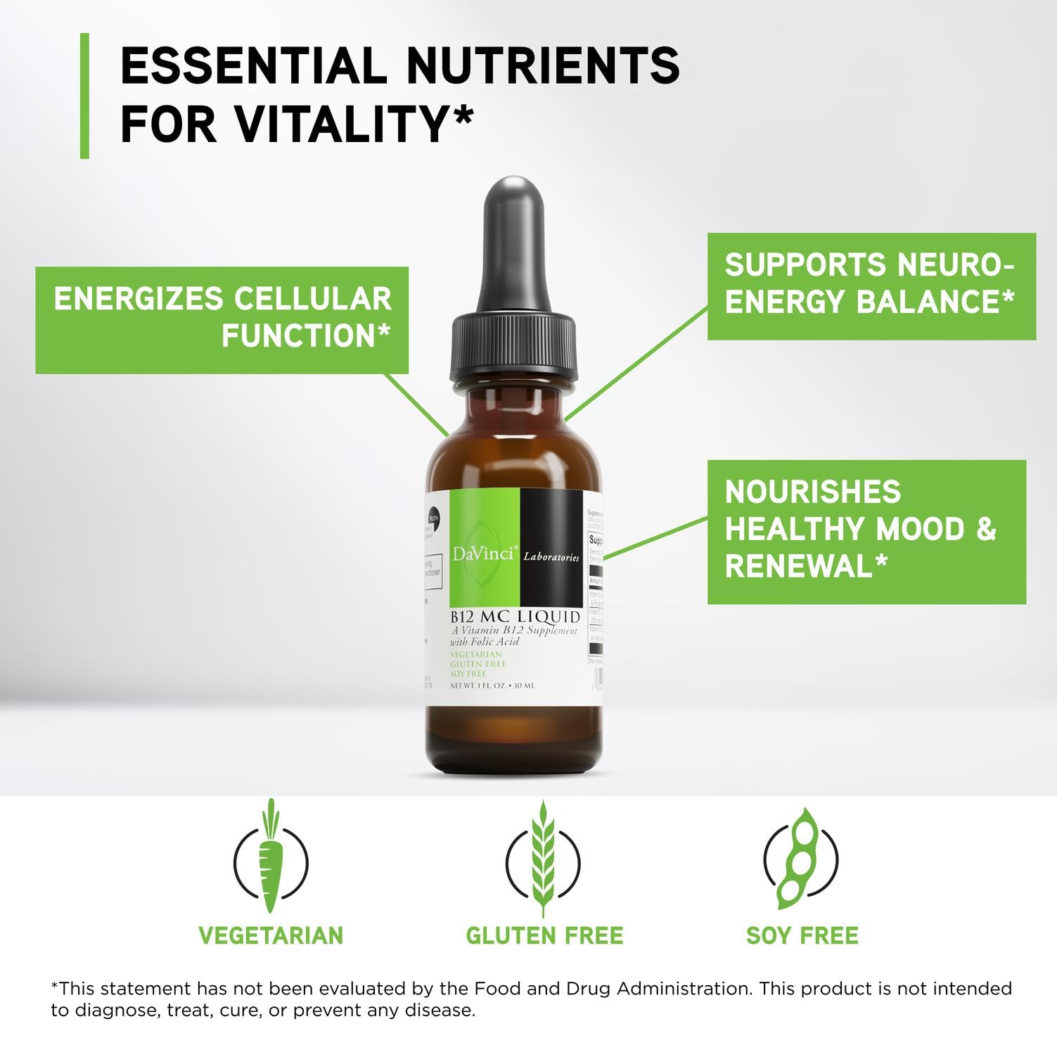 Davinci B12MC Liquid étiquette claire montrant la composition et les avantages