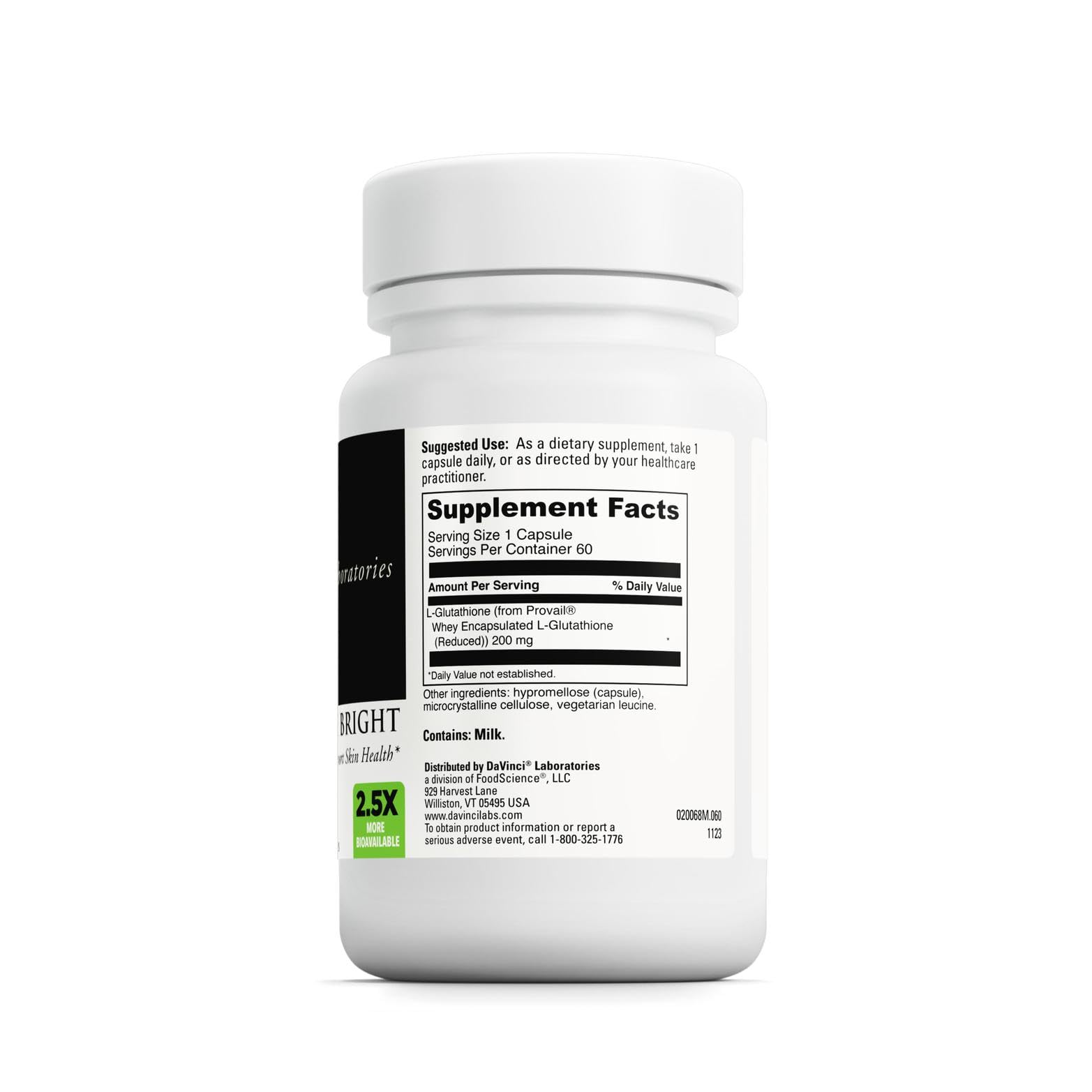 Davinci Glutathione Bright: etiquette visible sur la bouteille.