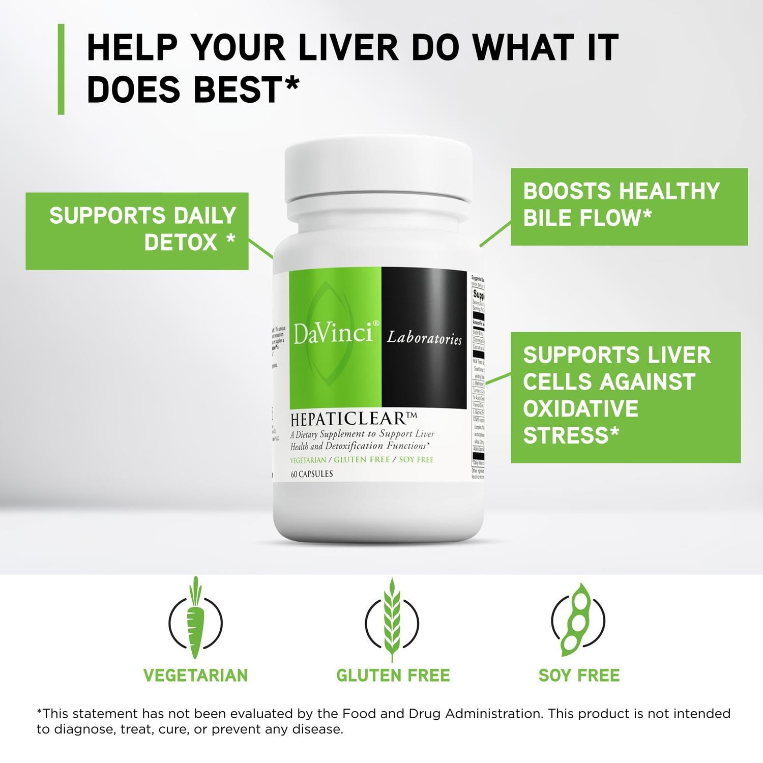 DaVinci Hepaticlear bouteille pleine — aperçu du flacon et du dosage