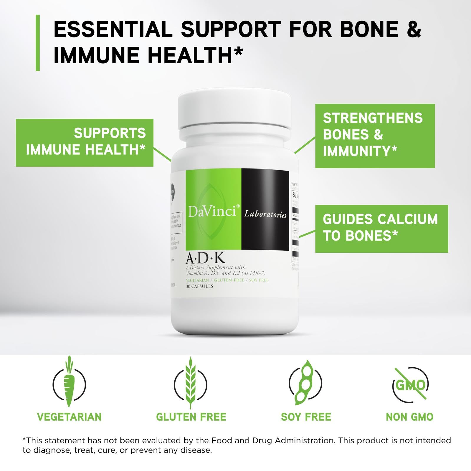 Zoom sur les gélules Davinci ADK, formulation végétarienne et sans gluten.