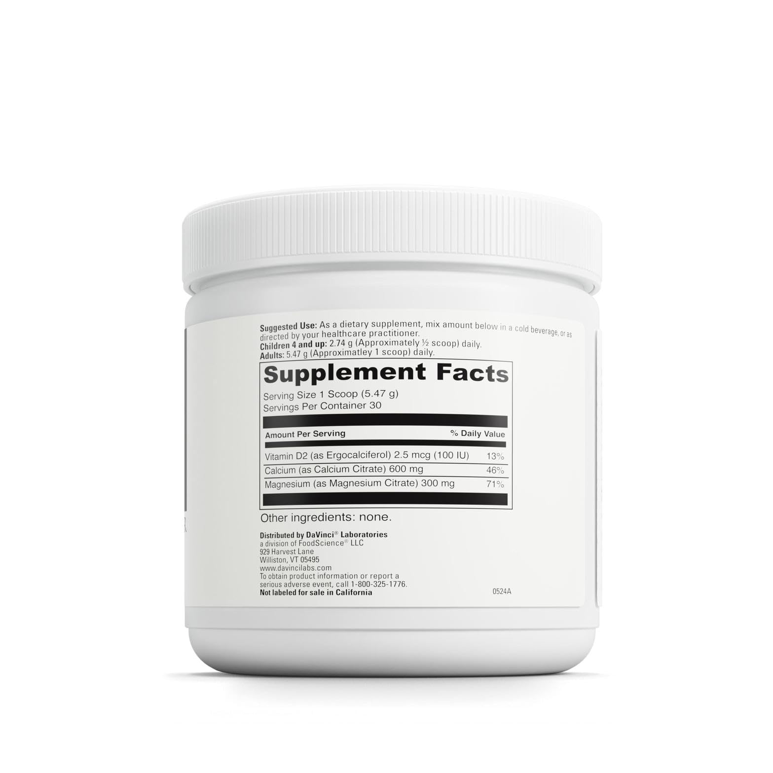 Étiquette claire DAVINCI Labs Cal-Mag Citrate avec dosage précis pour une utilisation pratique.