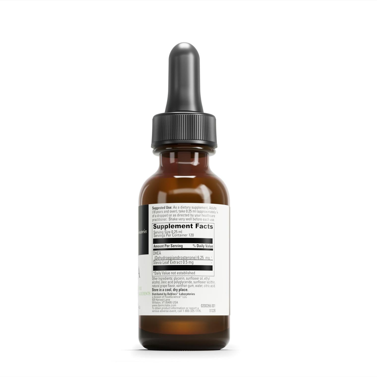 Etiquette Davinci DHEA liposomale, informations claires et lisibles.