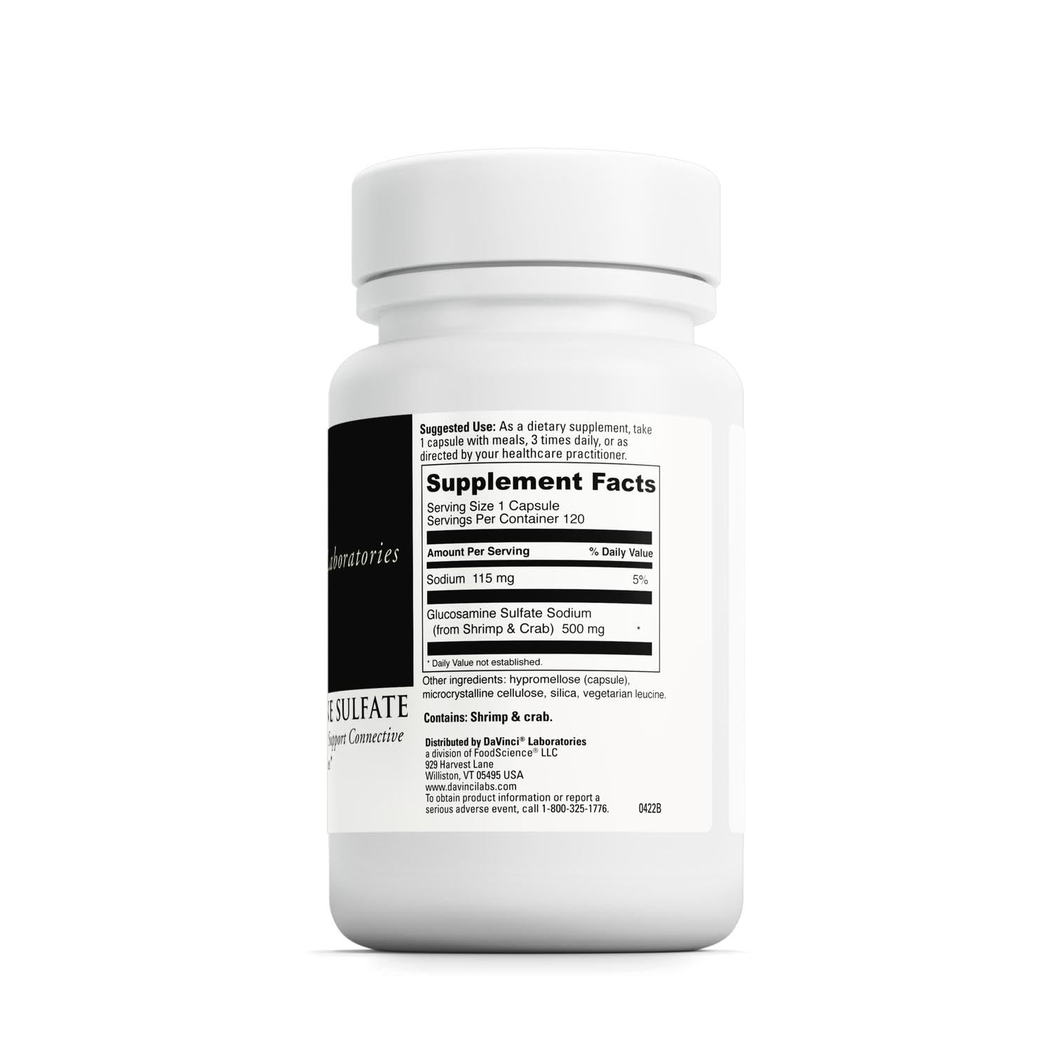 DAVINCI Glucosamine sulfate – bouteille arrière: dosage et ingrédients visibles.