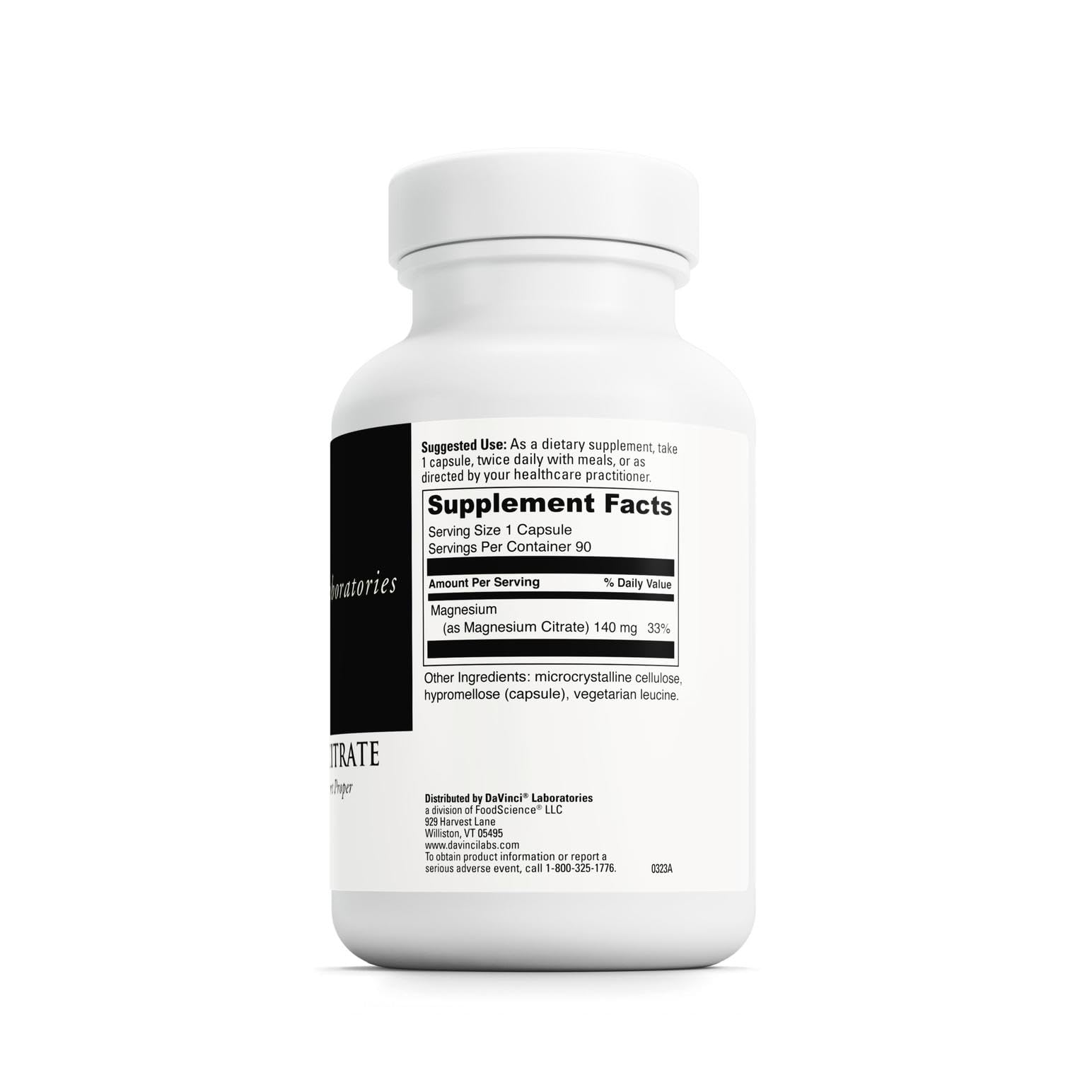 Étiquette DaVinci Magnesium Citrate affichant ingrédients et concentrations.