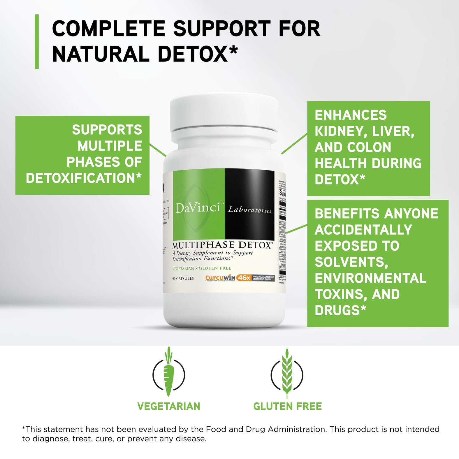 DAVINCI MultiPhase Detox — étiquette claire indiquant la composition et les avantages.