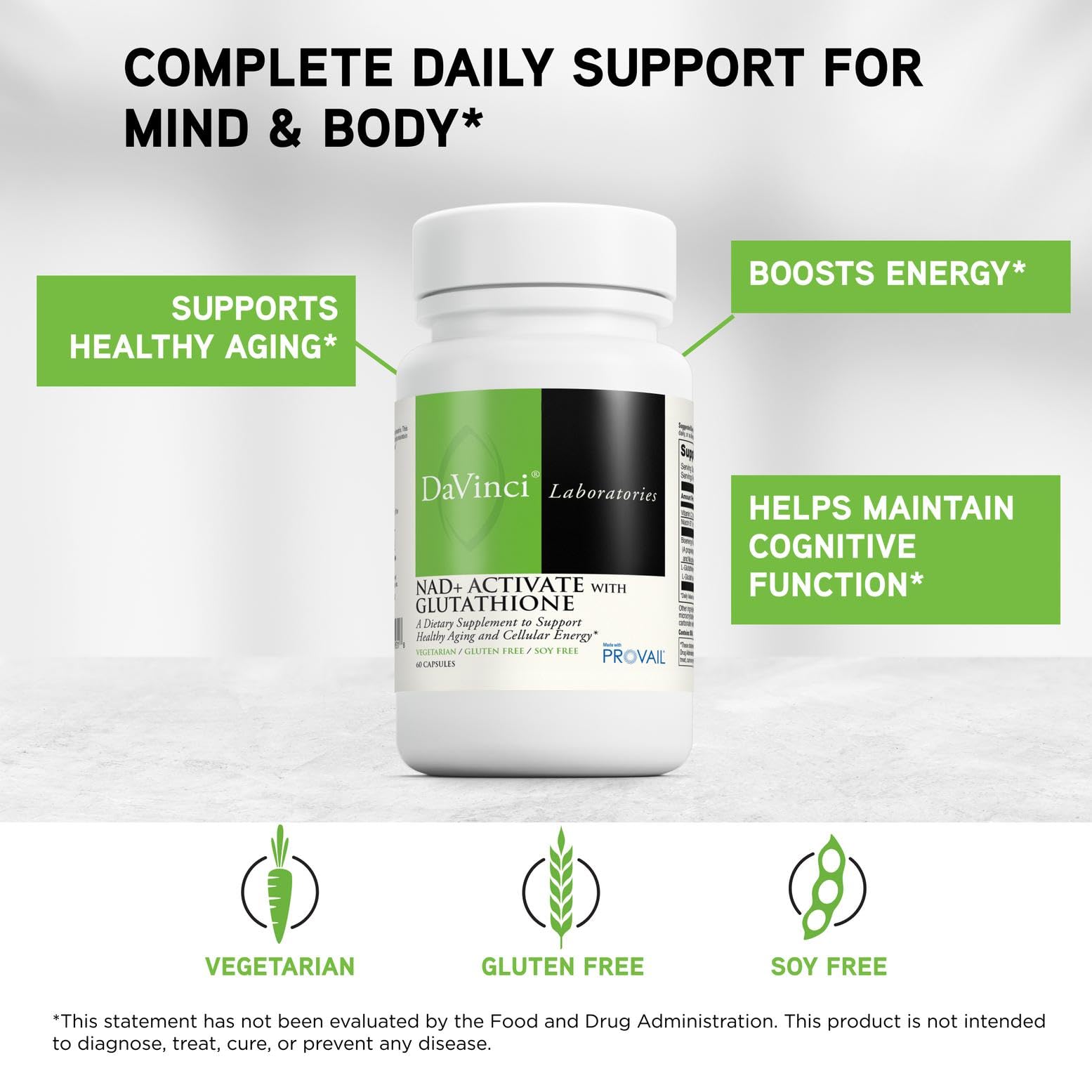 DaVinci NAD+ Activate avec Glutathione – étiquette: informations transparentes et traçabilité du produit.