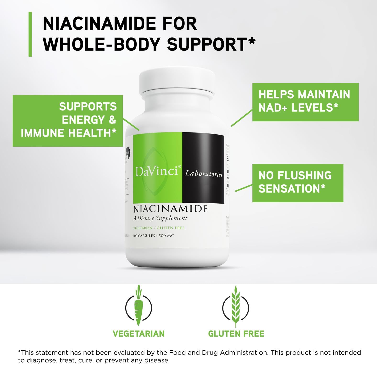 Capsules non ouvertes de DAVINCI Niacinamide, faciles à prendre avec un grand verre d eau.