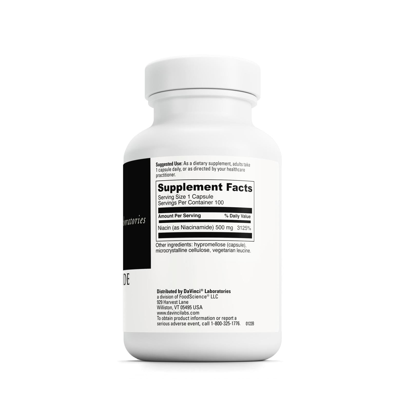 Étiquette claire DAVINCI Niacinamide, informations visibles sur l'étiquette pour guider l'usage.