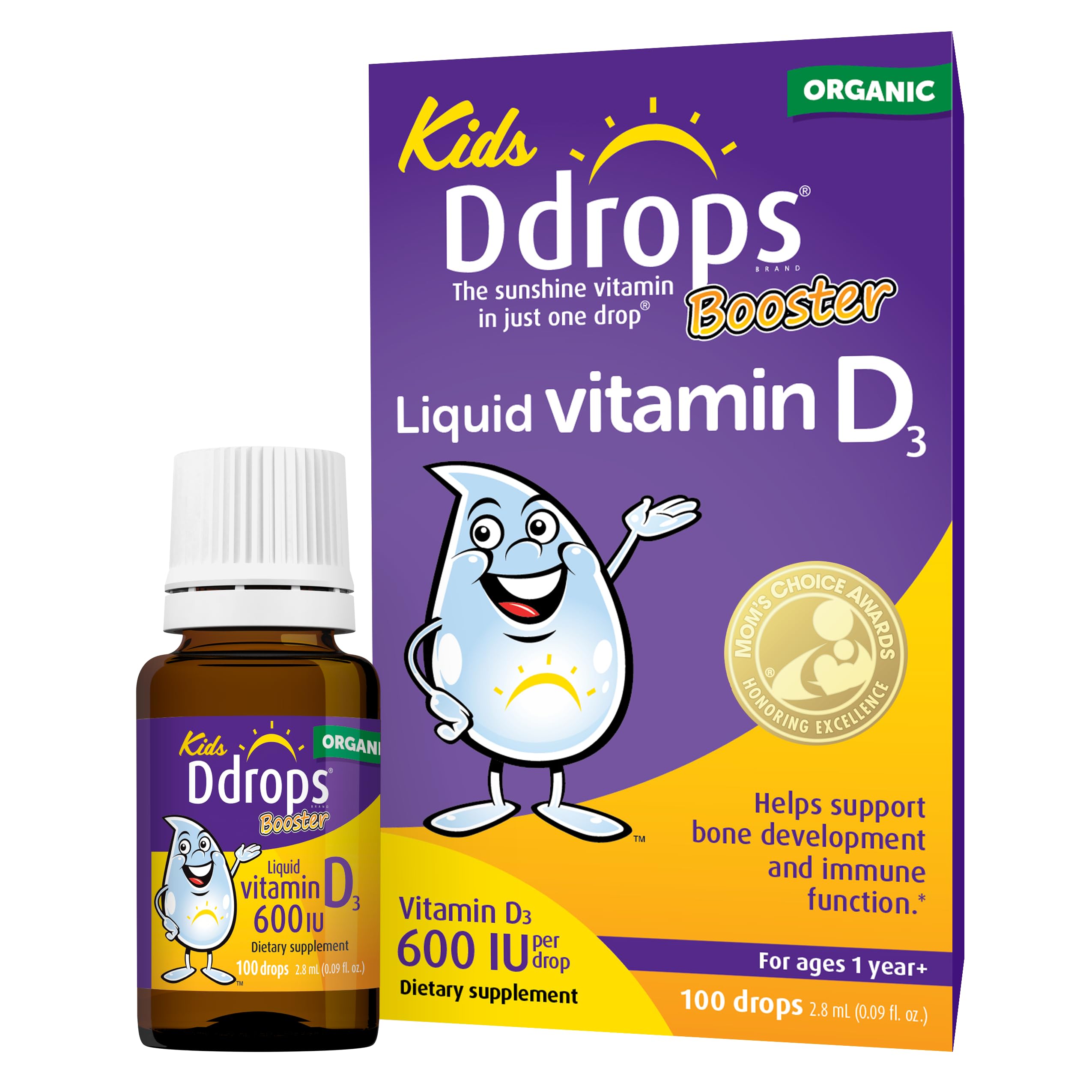 Ddrops Kids Booster – bouteille gouttes, administration simple et dosage précis pour les enfants.